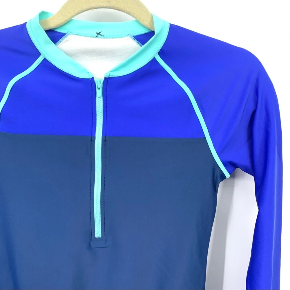 LL Bean Kids Girls Size 14 Bathing Suit One Piece Long Sleeve Swim Blue 1/4 Zip